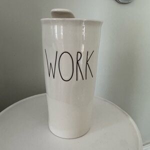Rae Dunn White Ceramic Travel Mug with 'WORK' Text